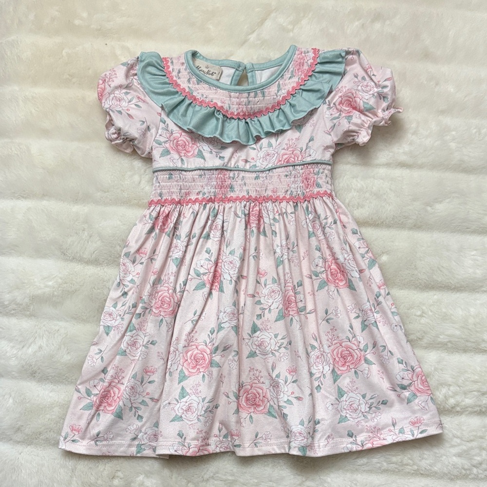 Toddler girl turquoise pink floral dress